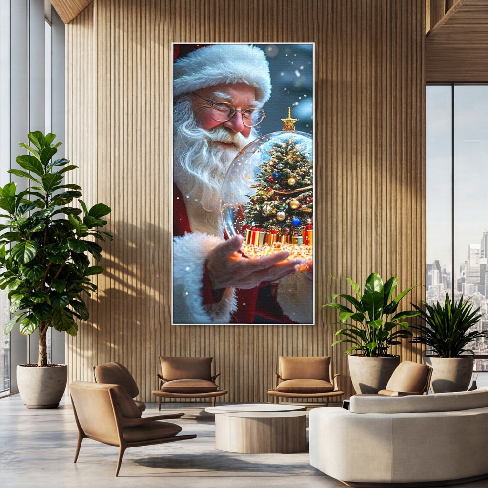 Tablou canvas cu tablou canvas cu mos craciun, in rama de aluminiu argintiu, pe perete intr-un birou